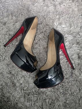 Christian Louboutin Black Lady Peep Patent Peep-Toe Platform Pumps with Red Sole